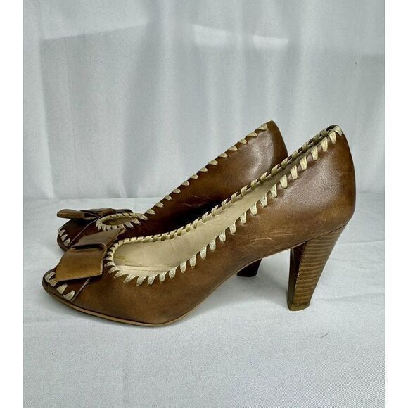 Franco‎ Sarto Light Brown Leather Slip On Peep Toe Flat Bow Flicker Heels US 6.5 - Picture 3 of 11
